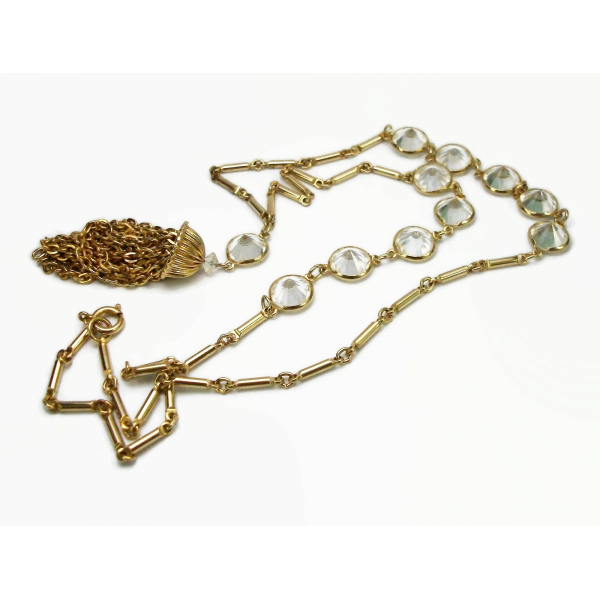 Vintage Long Open Bezel Crystal Tassel Pendant Necklace Gold Bar Chain