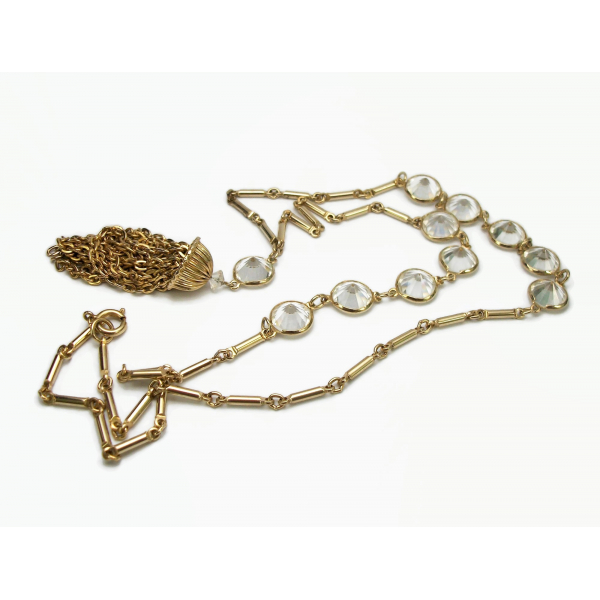 Long Gold Tassel Pendant Necklace with Clear Crystals in Open Bezel Bar Chain
