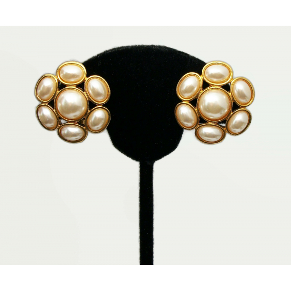 Vintage Napier Pearl Cabochon Clip on Earrings Gold Adjustable Screws Floral