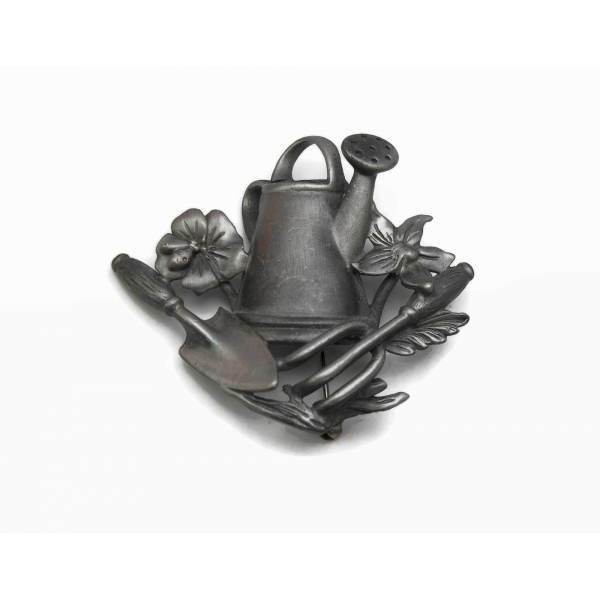 Vintage AJC Pewter Gardening Brooch Pin Watering Can Flowers Garden Tools