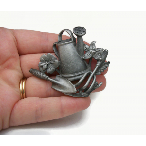 Vintage AJC Pewter Gardening Brooch Pin Watering Can Flowers Garden Tools