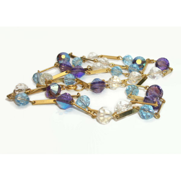Vintage Purple Blue and Clear Crystal Bead Necklace with Gold 34 inch Chain