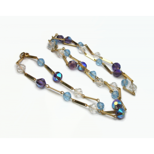 Vintage Purple Blue & Clear Crystal Beads Necklace with Gold Chain 34"