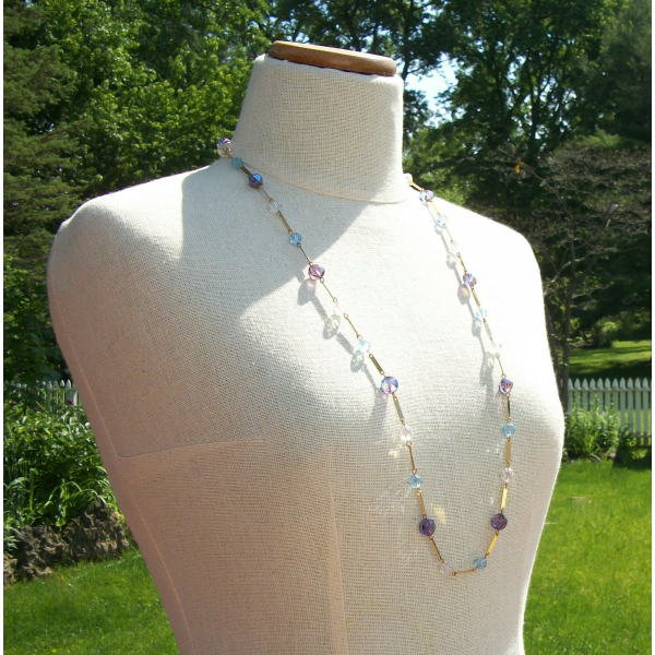 Vintage Purple Blue and Clear Crystal Beaded Necklace with Gold Bar Link Chain