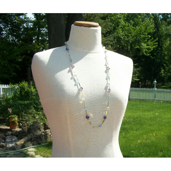 Vintage Purple Blue and Clear Crystal Beaded Necklace with Gold Bar Link Chain