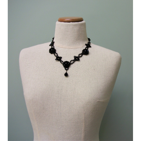 Vintage Signed Carolee Ornate Black Beaded Necklace Jet Black Glass Bead Design