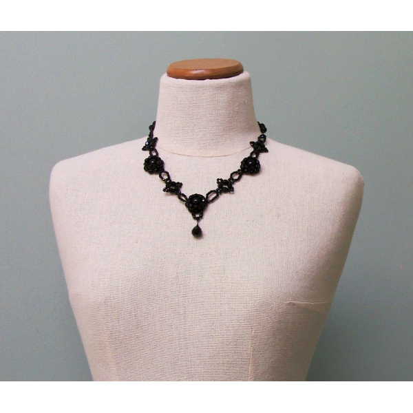 Vintage Signed Carolee Ornate Black Beaded Necklace Jet Black Glass Beads