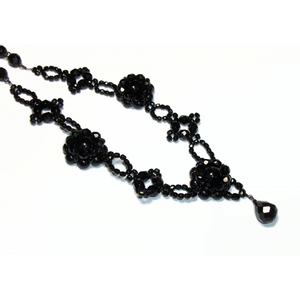 Vintage Signed Carolee Ornate Black Beaded Necklace Jet Black Glass Beads