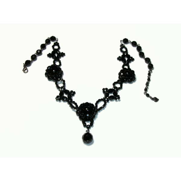 Vintage Signed Carolee Ornate Black Beaded Necklace Jet Black Glass Beads