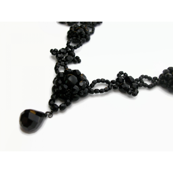 Vintage Signed Carolee Ornate Black Beaded Necklace Jet Black Glass Beads