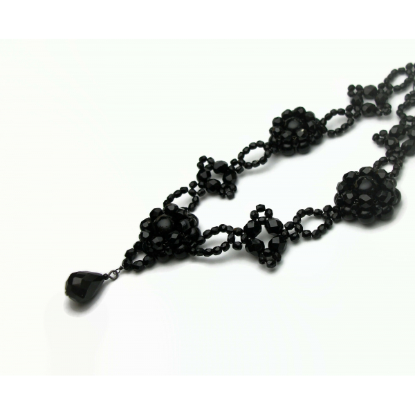 Vintage Signed Carolee Ornate Black Bead Necklace Jet Black Glass Beaded Design