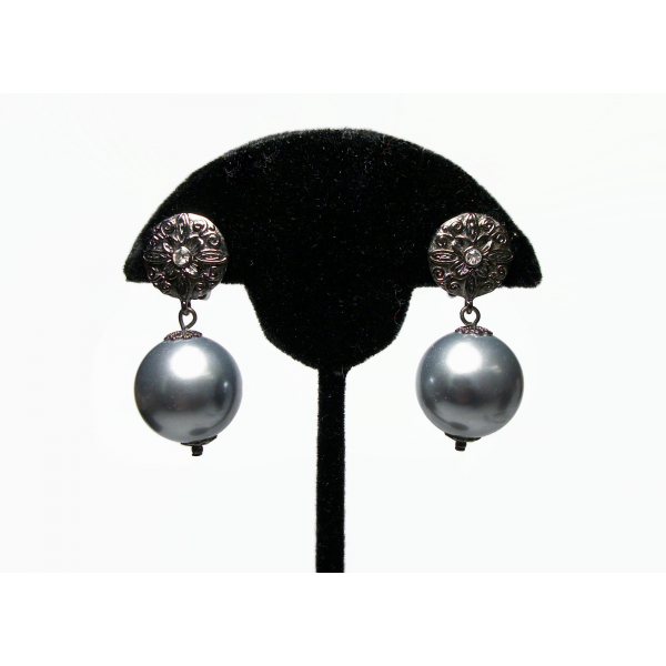 Vintage Silver Gray Ball Drop Clip on Earrings Chunky Bead Dangle Earrings