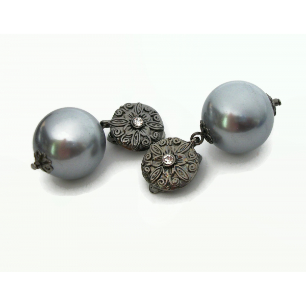 Vintage Silver Gray Ball Drop Clip on Earrings Chunky Bead Dangle Earrings