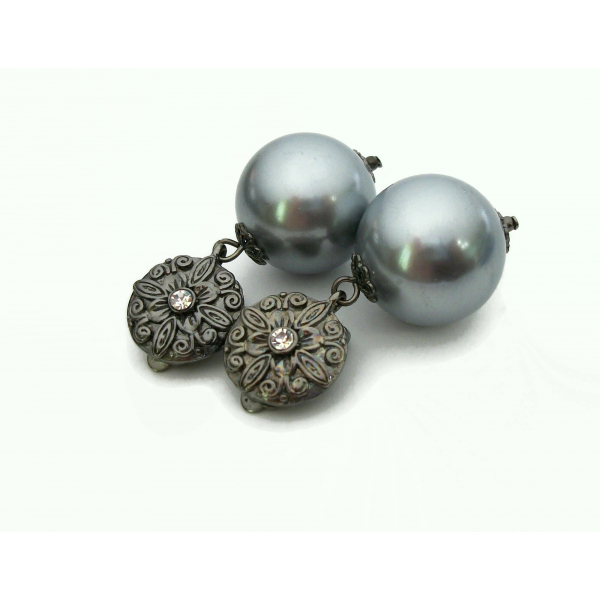 Vintage Silver Gray Ball Dangle Clip on Earrings Chunky Bead Drop Earrings