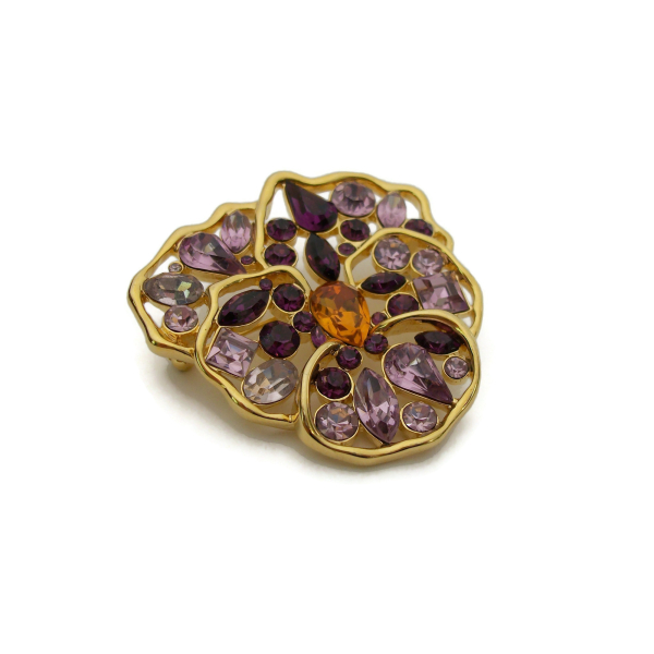 Vintage Signed Nolan Miller Pansy Brooch Floral Flower Pin Gold with Purple Rhin