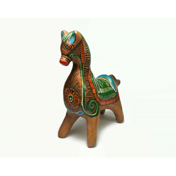Vintage Tonala Mexican Clay Pottery Horse Shaped Piggy Bank Hand Painted Animal