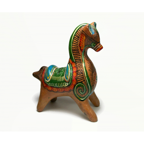 Vintage Tonala Mexican Pottery Horse Shaped Piggy Bank Hand Painted Terra Cotta
