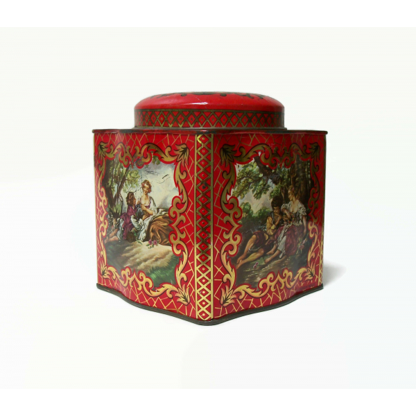 Vintage  Red Daher Tin with Romantic Scenes 4" Square Made in England
