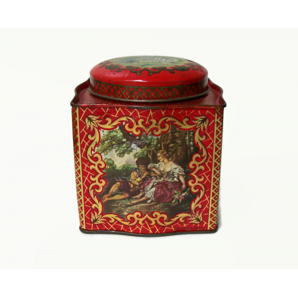 Vintage  Red Daher Tin with Romantic Scenes 4" Square Made in England