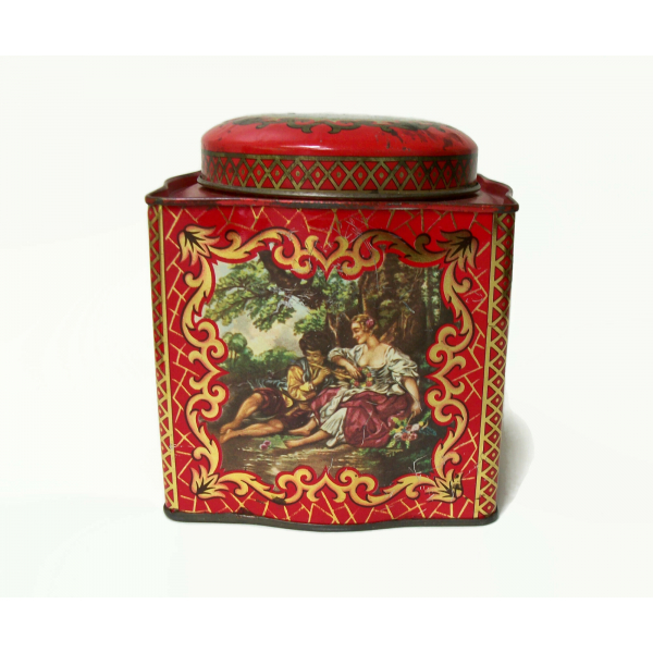 Vintage  Red Daher Tin with Romantic Scenes 4" Square Made in England