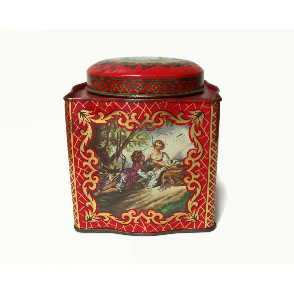 Vintage  Red Daher Tin with Romantic Scenes 4" Square Made in England