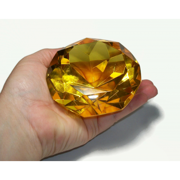 Vintage Oleg Cassini Golden Yellow Diamond Cut Crystal Glass Paperweight Signed