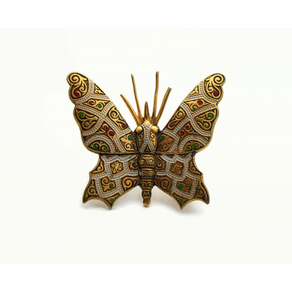 Vintage Faux Damascene Butterfly Brooch Lapel Pin Made in Spain