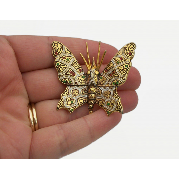 Vintage Damascene Style Butterfly Brooch Lapel Pin Made in Spain