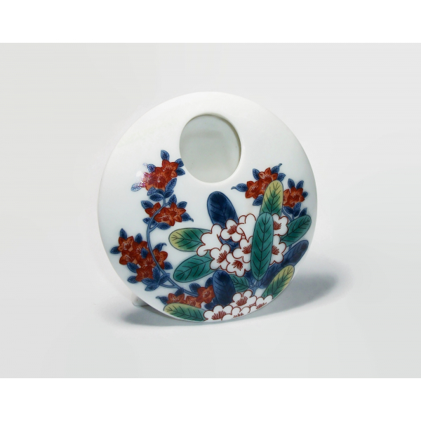 Vintage Small Flat Round Disc Shaped Ceramic Bud Vase White with Floral Design