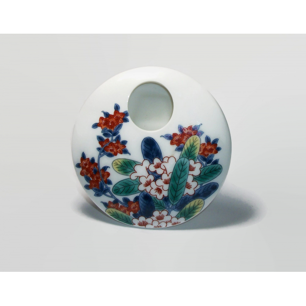 Vintage Small Flat Round Disc Shaped Ceramic Bud Vase White with Floral Design