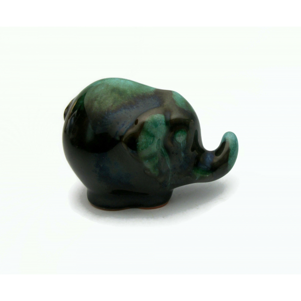 Vintage Small Blue Mountain Mini Elephant Figurine Ceramic Pottery Green Black