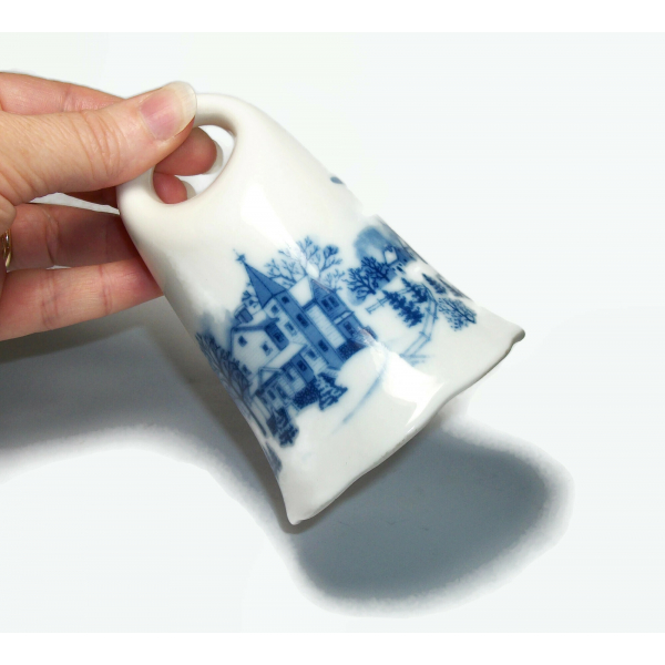 Vintage Ceramic Bell White and Blue Porcelain with Winter Church Scene