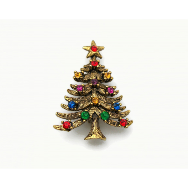 Vintage Signed Eisenberg ICE Christmas Tree Brooch Pin Gold Multicolor Crystals