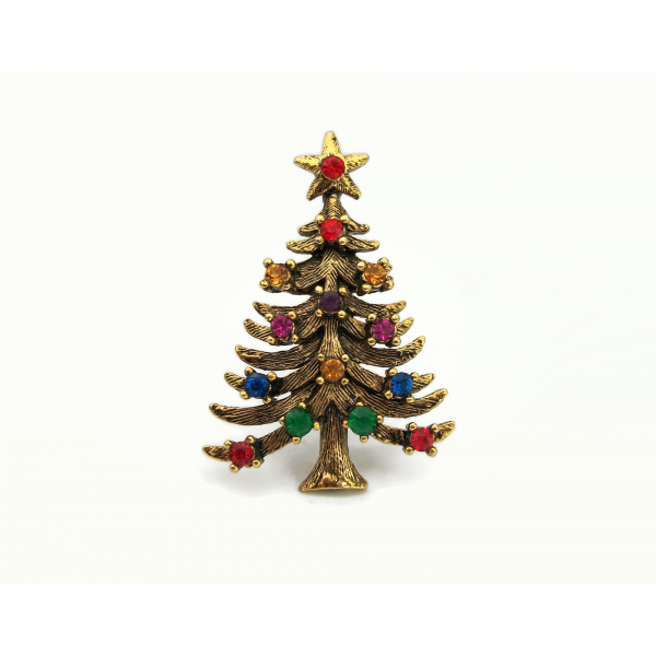 Vintage Eisenberg ICE Christmas Tree Brooch Pin Gold Multicolor Rhinestones