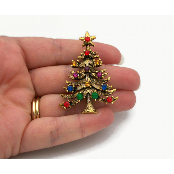 Vintage Signed Eisenberg ICE Christmas Tree Brooch Pin Gold Multicolor Crystals