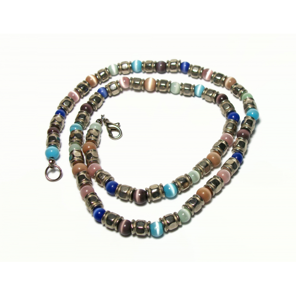 Vintage Cats Eye Beaded Necklace Silver and Multicolored Catseye Beads 21 inch