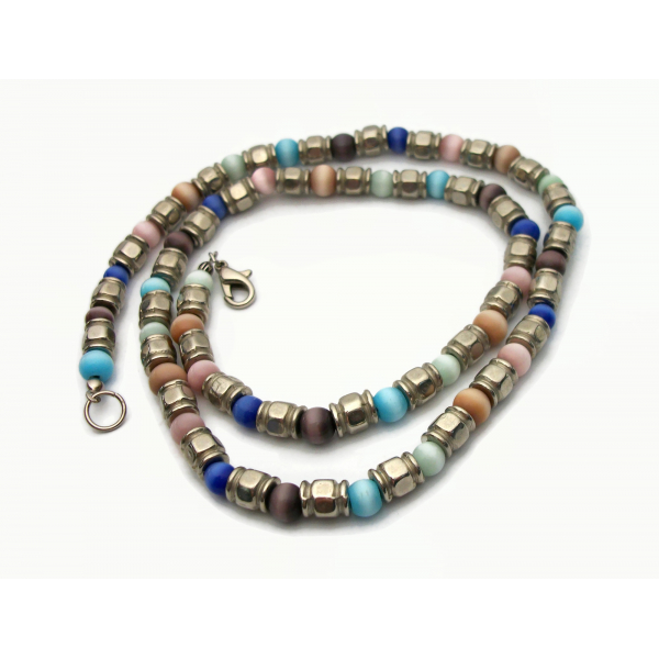 Vintage Cats Eye Beaded Necklace Silver and Multicolored Catseye Beads 21 inch