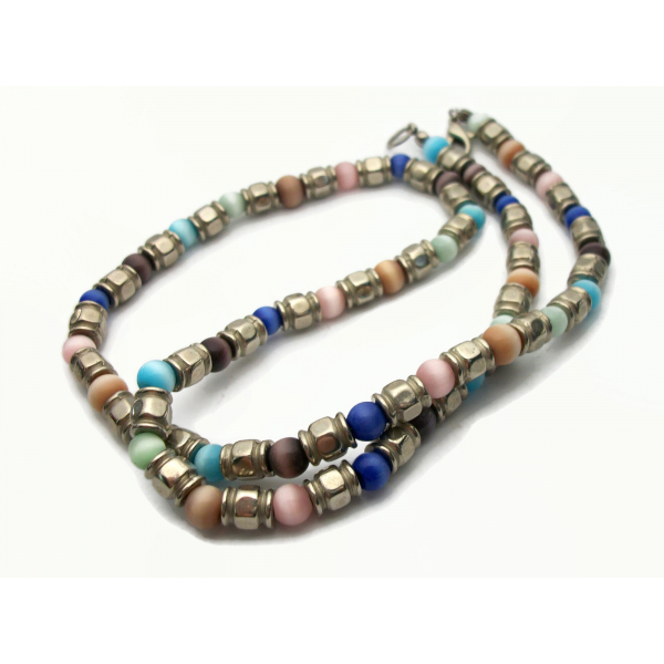 Vintage Cats Eye Beaded Necklace Silver and Multicolored Catseye Beads 21 inch