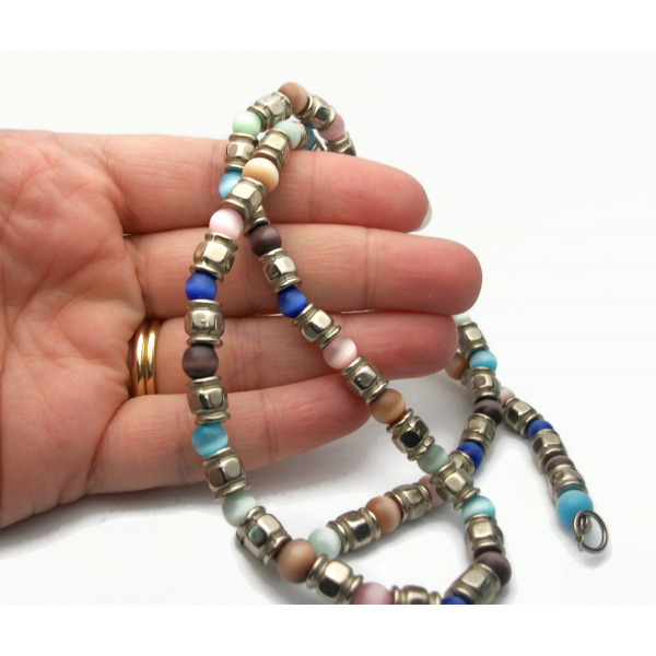 Vintage Cats Eye Beaded Necklace Silver and Multicolored Catseye Beads 21" chain
