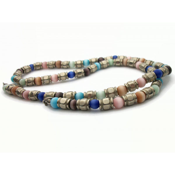 Vintage Cats Eye Beaded Necklace Silver and Multicolored Catseye Beads 21 inch C