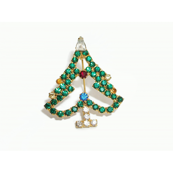 Vintage Prong Set Emerald Green Crystal Rhinestone Christmas Tree Brooch Pin