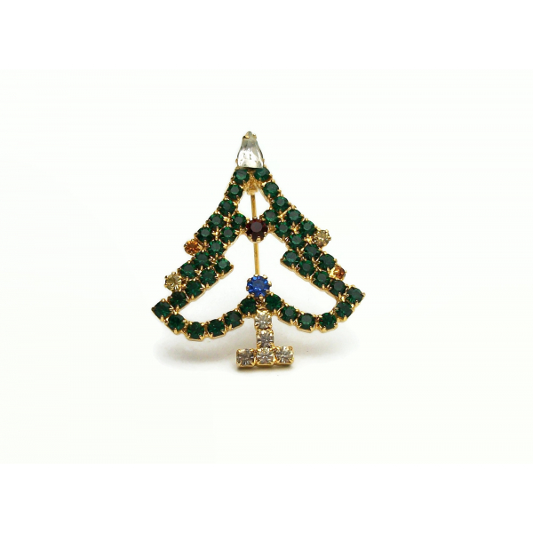 Vintage Prong Set Emerald Green Crystal Rhinestone Christmas Tree Brooch Pin