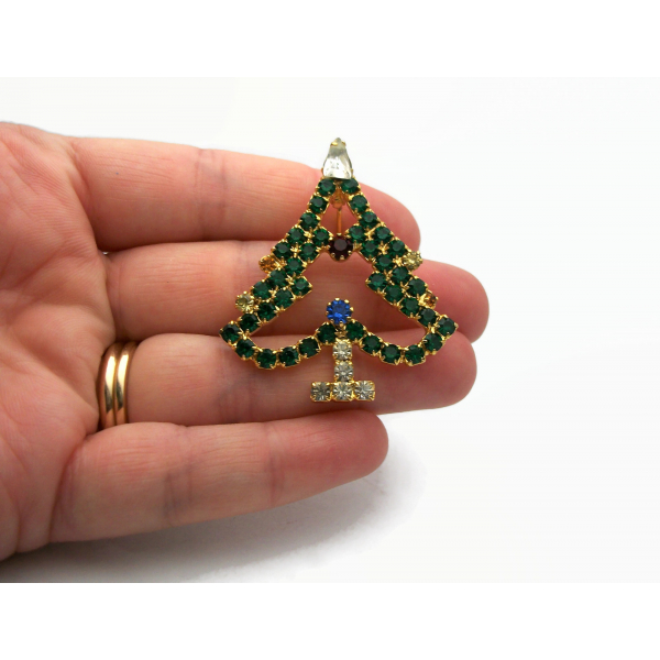 Vintage Prong Set Emerald Green Crystal Rhinestone Christmas Tree Brooch Pin