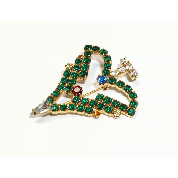 Vintage Prong Set Emerald Green Crystal Rhinestone Christmas Tree Brooch Pin