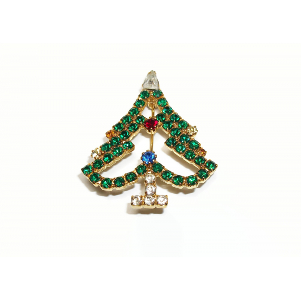 Vintage Prong Set Emerald Green Crystal Rhinestone Christmas Tree Pin Brooch
