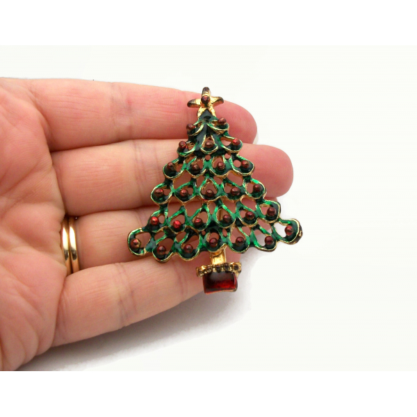 Vintage Green and Red Enamel Christmas Tree Brooch Pin Antiqued Gold