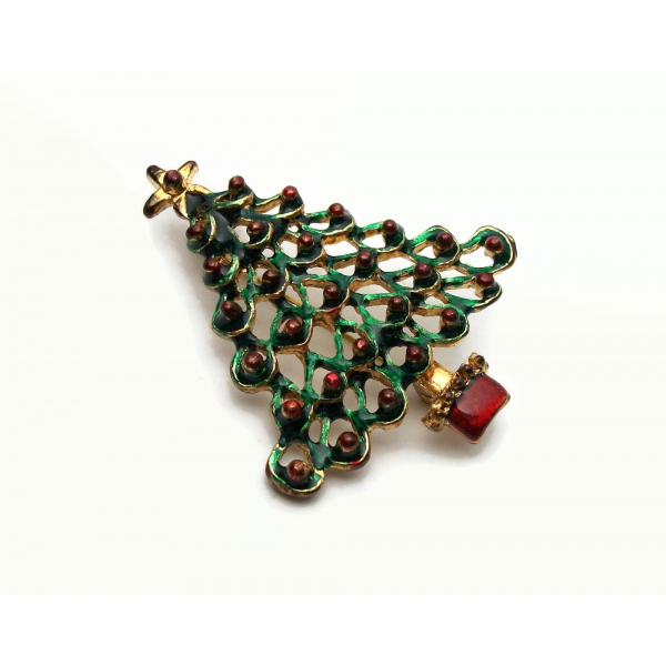Vintage Green and Red Enamel Christmas Tree Brooch Pin Antiqued Gold
