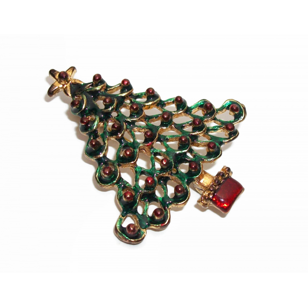 Vintage Green and Red Enamel Christmas Tree Brooch Pin Antiqued Gold
