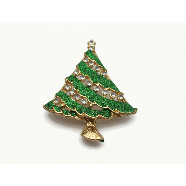 Vintage Gold and Sparkly Green Enamel and Clear Rhinestone Christmas Tree Brooch