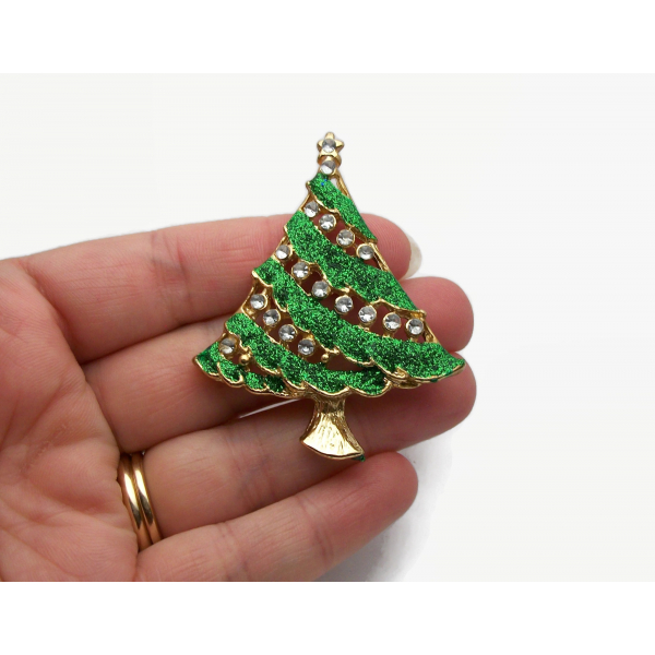 Vintage Gold and Sparkly Green Enamel and Clear Rhinestone Christmas Tree Pin